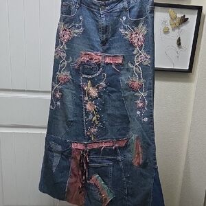 Embroidered Denim Maxi Skirt